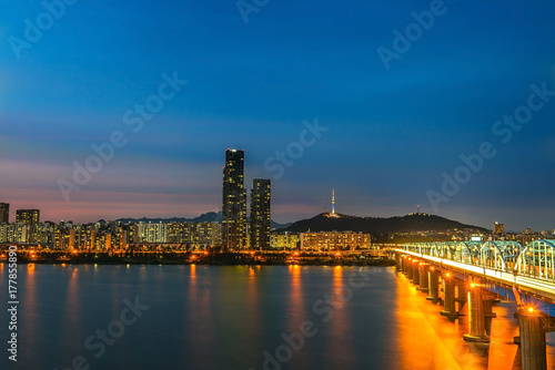 City skyline at the Han River in downtown Seoul at night South Korea