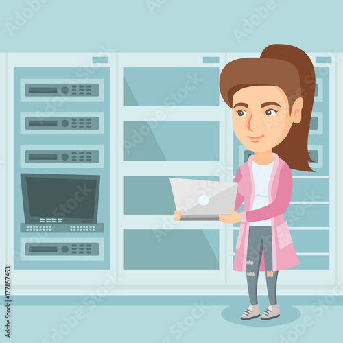 Young caucasian engineer working on a laptop in the network server room at the data centre. Female network engineer using a laptop in the server room. Vector cartoon illustration. Square layout.