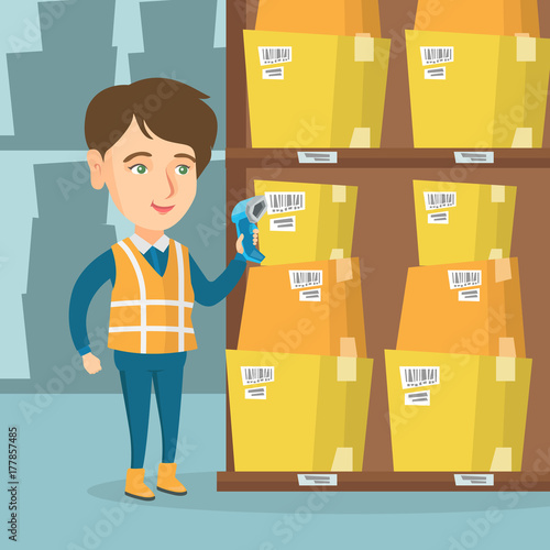 Young caucasian warehouse worker holding a scanner and scanning the barcode on the box. Warehouse worker checking the barcode of the box with a scanner. Vector cartoon illustration. Square layout.