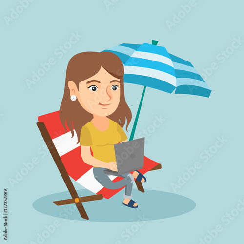 Caucasian business woman working on the beach. Young business woman sitting in chaise lounge on the beach. Business woman using a laptop on the beach. Vector cartoon illustration. Square layout.