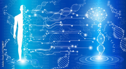 abstract background technology concept in blue light,brain and human body heal ,technology modern medical science in future and global international medical with tests analysis clone DNA human