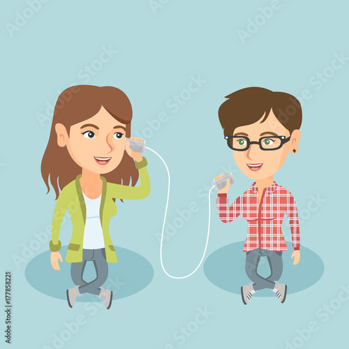 Two caucasian women discussing something using tin can telephone. Woman getting message from friend on tin can phone. Friends talking through a tin phone. Vector cartoon illustration. Square layout.
