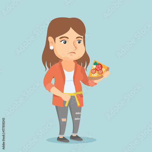 Fat caucasian woman holding a slice of pizza and measuring a waistline with a centimeter tape. Fat woman eating pizza and holding a tape on her waistline. Vector cartoon illustration. Square layout.