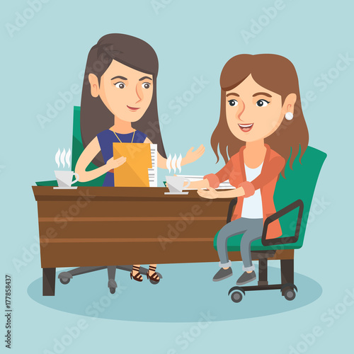Two caucasian business women sitting at the table and discussing business matters at meeting. Two women talking on business meeting and drinking coffee. Vector cartoon illustration. Square layout.