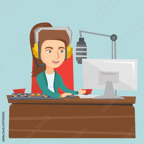 Young caucasian radio host working in front of microphone, computer and mixing console at radio studio. Radio host in headset working at radio studio. Vector cartoon illustration. Square layout.