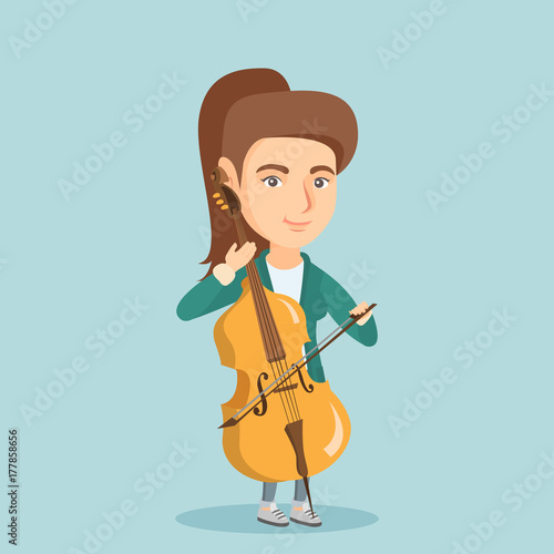 Young caucasian musician playing the cello. Full length of a cellist playing the cello. Smiling female musician standing with a cello and a bow. Vector cartoon illustration. Square layout.
