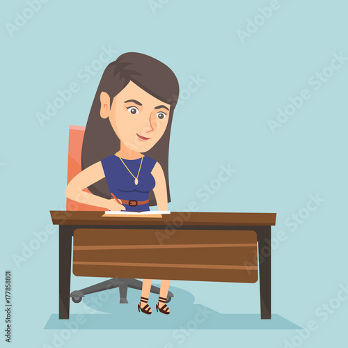 Young caucasian journalist sitting at the table and writing notes in a notebook. Journalist writing an article. Business woman working in the office. Vector cartoon illustration. Square layout.