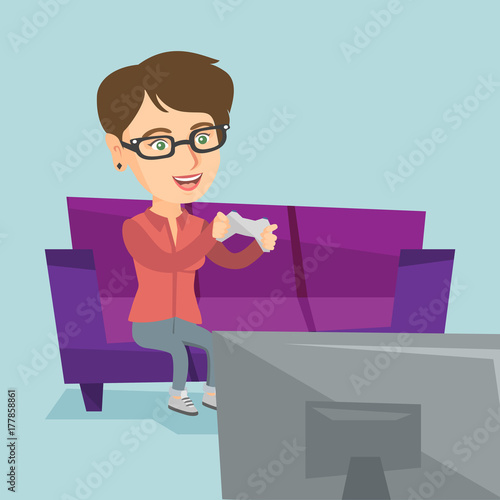 Young happy caucasian woman sitting on the couch and playing video game on the TV set. Excited woman with console in hands playing video game at home. Vector cartoon illustration. Square layout.