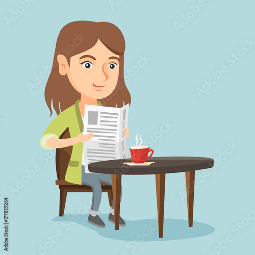 Caucasian woman reading a newspaper in the cafe. Young woman reading news in a newspaper. Woman sitting with a newspaper in hands and drinking coffee. Vector cartoon illustration. Square layout.