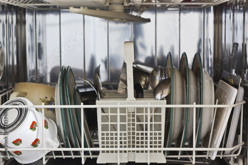 Dirty dishes in a dishwasher