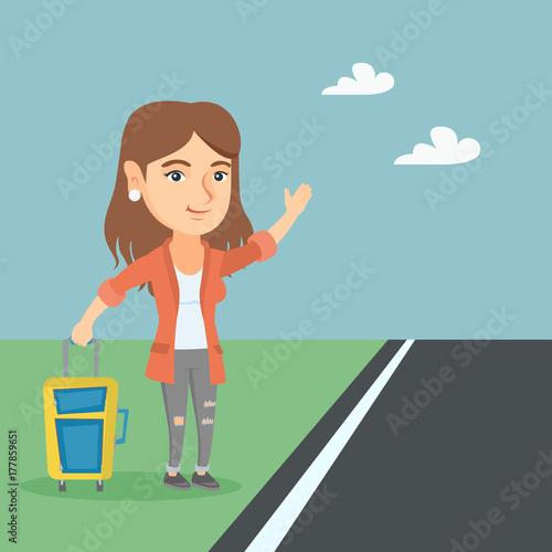 Caucasian woman with s suitcase hitchhiking on the roadside. Hitchhiking woman trying to stop a car on a highway. Woman catching a taxi car by waving hand. Vector cartoon illustration. Square layout.