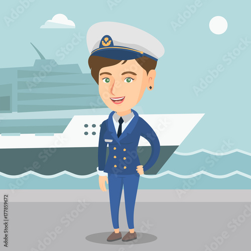 Caucasian female ship captain standing on the background of sea and cruise ship. Young smiling ship captain in uniform standing on the seacoast background. Vector cartoon illustration. Square layout.