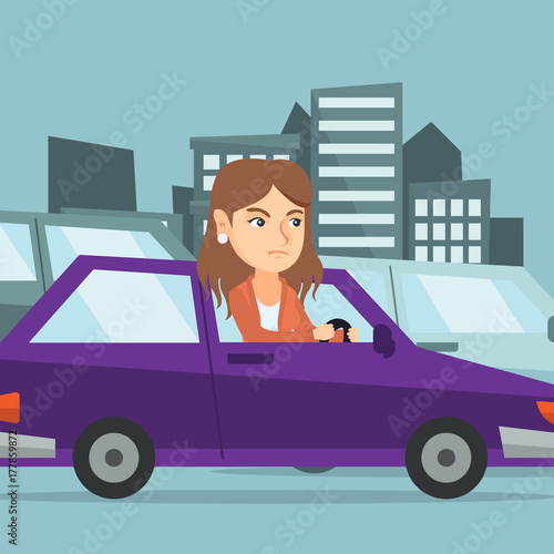 Angry caucasian woman in a car stuck in a traffic jam. Irritated young woman driving a car in a traffic jam. Agressive driver honking in a traffic jam. Vector cartoon illustration. Square layout.