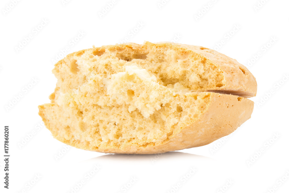 coconut flavor cookie cake with cream filling isolated on white background. bite coconut flavor cookie cake with cream filling isolated on white background. bite