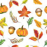 Digital seamless pattern of illustration and vector of traditional thanksgiving harvest plant, pumpkin, acorn, maple leaves, and forest leaves