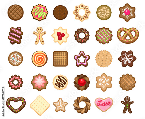 Christmas cookies icons and xmas biscuits desserts vector illustration. Tasty homemade holiday cookies bakery products