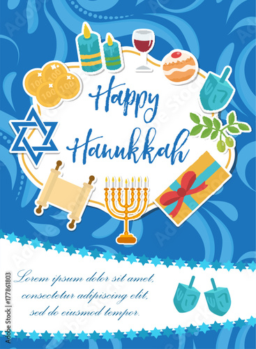 Happy Hanukkah greeting card, flyer, poster. Template for your invitation design. With menorah, sufganiyot, bunting, dreidel, coins oil Jewish holiday Vector illustration