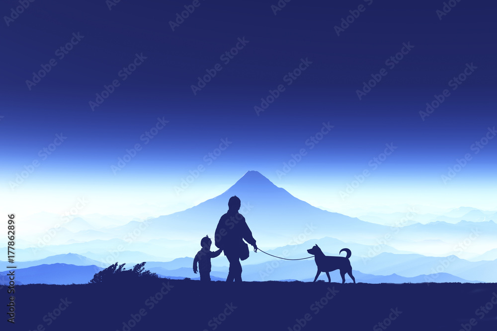 富士山の日の出と親子と犬のシルエット
