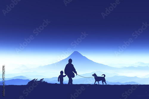 富士山の日の出と親子と犬のシルエット © bigfoot