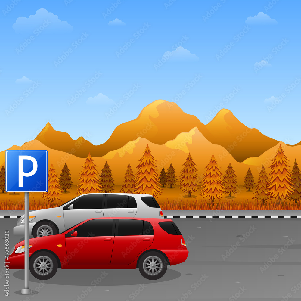 Autumn mountains landscape with parking zone sign and two car