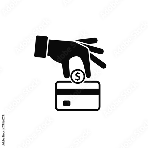 Hand put coin into and bank card icon, vector. Cash get a bank card, replenish card. replenishment process illustration.