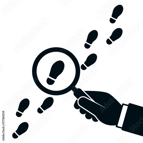 Following footsteps vector illustration. Hand holding magnifying glass above footprint flat illustration. Detective inspecting