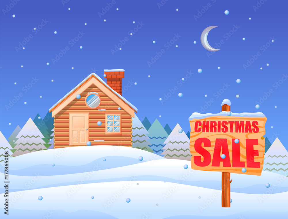 Cottage in the snow landscape with Christmas sale wooden post vector image