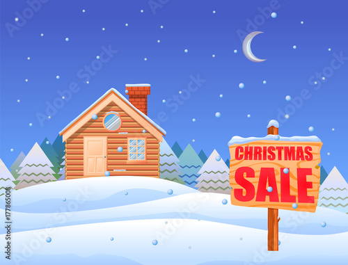 Cottage in the snow landscape with Christmas sale wooden post vector image © webstocker