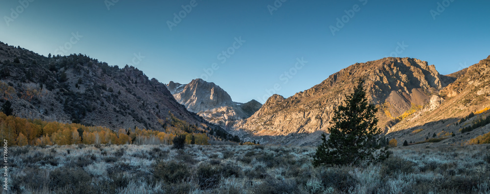 A panoramic of early morning landscape of sunlight stricking the mountain while the golden and yellow color of the aspens in fall brighten. Mountain peaks with snow and blue sky are in the background.