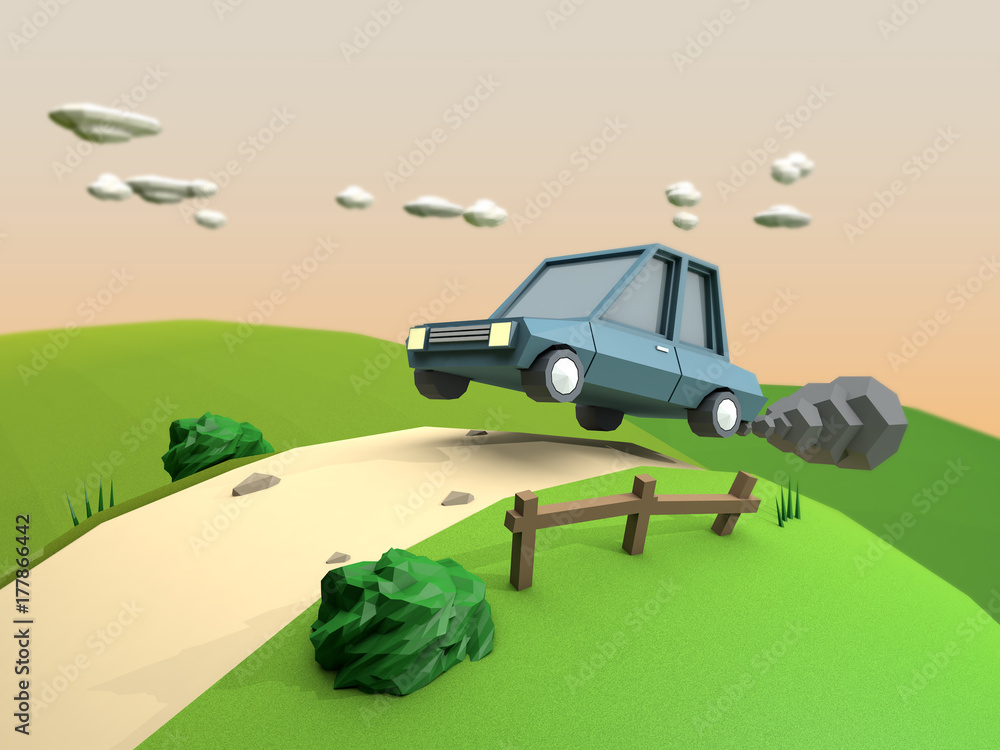 low poly car fast driving on country road jump hill green field