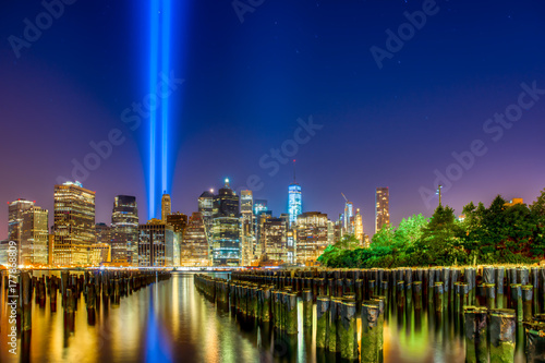 NYC 9/11 tribute lights from Brooklyn Bridge Park