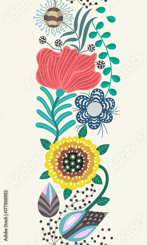Floral seamless pattern. Hand drawn creative flowers in folk style. Colorful artistic background. Abstract herbs. Can be used for wallpaper  textiles  embroidery  card  cover. Vector  eps10