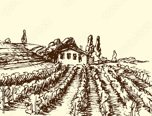 Retro landscapes vector illustration farm house agriculture graphic countryside scenic antique drawing.