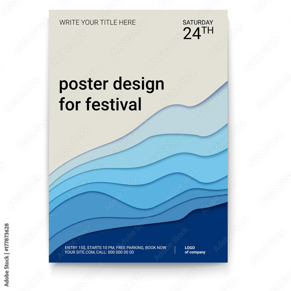 Poster design with a pattern of cut paper. The symbol of the surf, wind or smoke, abstract pattern, A4 size. Vector template of poster, design layout for brochure, banner, flyer - obrazy, fototapety, plakaty 
