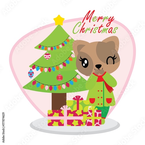 Cute cat girl besides Xmas tree and box gits vector cartoon illustration for Christmas card design, wallpaper and greeting card 