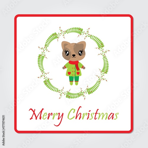 Cute cat girl in berry wreath vector cartoon illustration for Christmas card design, wallpaper and greeting card 