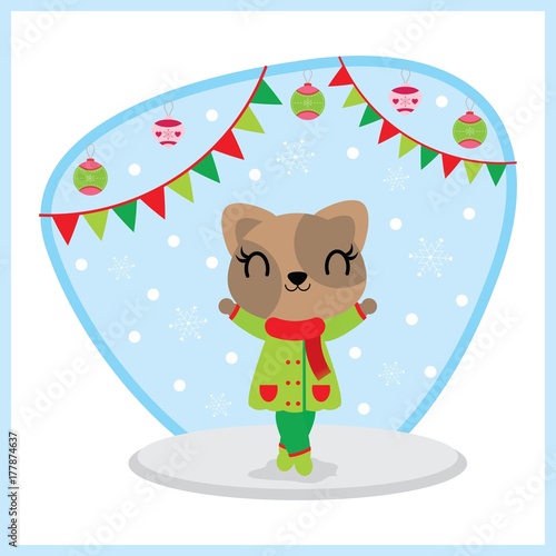 Cute cat girl enjoy snowfall behind colorful buntings and ornaments vector cartoon illustration for Christmas card design, wallpaper and greeting card 