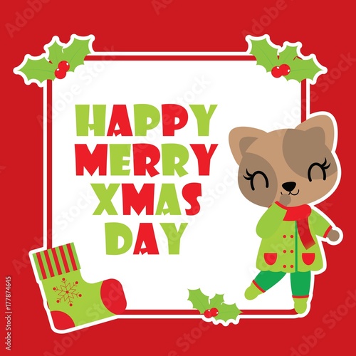 Cute cat girl and red berry frame vector cartoon illustration for Christmas card design, wallpaper and greeting card 