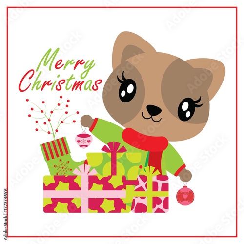 Cute cat girl behind Xams gift  boxes and sock vector cartoon illustration for Christmas card design, wallpaper and greeting card 