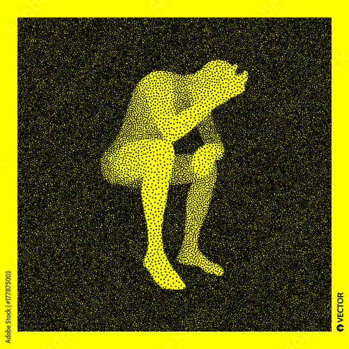 Sitting man. 3D Human Body Model. Black and yellow grainy design. Stippled vector illustration.