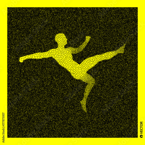 Football player. 3D Human Body Model. Black and yellow grainy design. Stippled vector illustration.