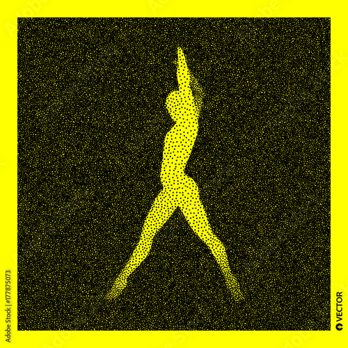 Gymnast. 3D Human Body Model. Black and yellow grainy design. Stippled vector illustration.