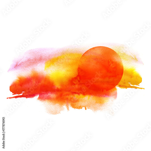 Watercolor pattern, illustration on white isolated background. Sunset, dawn, red sun on a yellow, orange, red sky with clouds.Vintage illustration.
Watercolor beautiful background, blot,splash.