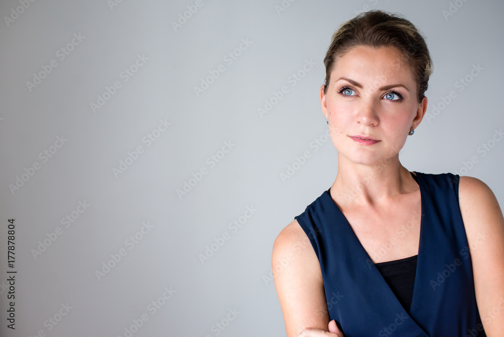 Woman on the gray background with spice for text Woman on the gray background with spice for text