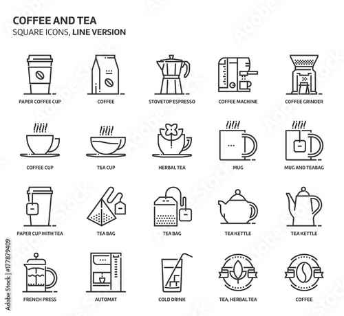 Coffee and tea, square icon set
