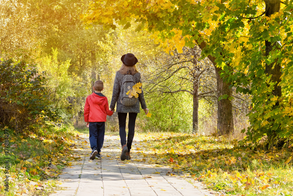 Obraz premium Mom and son are walking in the autumn forest. View from the back