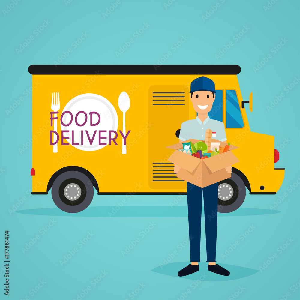 Delivery man and track. Food delivery. Flat design modern vector illustration concept. Delivery man and track. Food delivery. Flat design modern vector illustration concept.