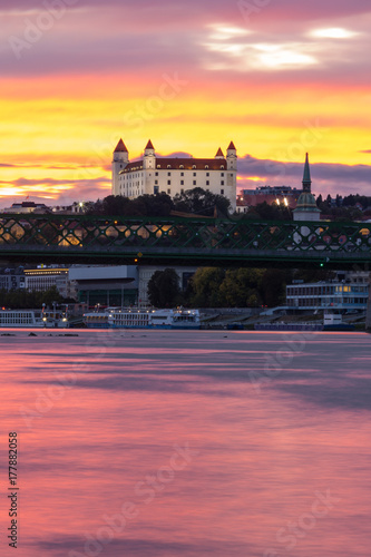 Bratislava, Slovakia. Old town, Castle and St. Martin's cathedral during sunset. Twilight time. Portrait.
