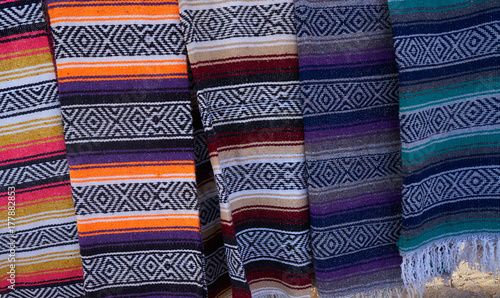 Mexican serape blanket in a row at Mexico