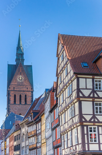 Half-timbered houses and church tower in Hannover